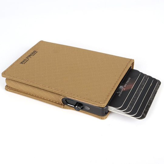 Esenciales de roble doble | Cartera minimalista de cuero | Edición heredada | Cartera delgada con bloqueo RFID | Marrón con oro