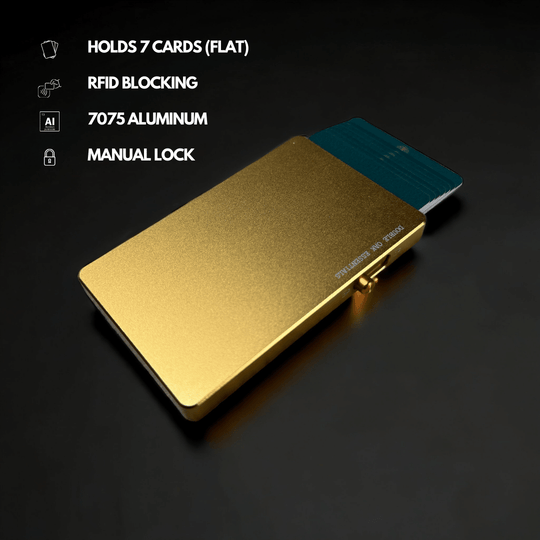Esenciales de roble doble | Cartera minimalista de cuero | Edición del fundador | Cartera delgada con bloqueo RFID | Verde con oro