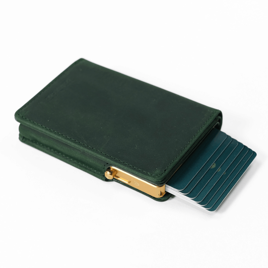 Esenciales de roble doble | Cartera minimalista de cuero | Edición del fundador | Cartera delgada con bloqueo RFID | Verde con oro