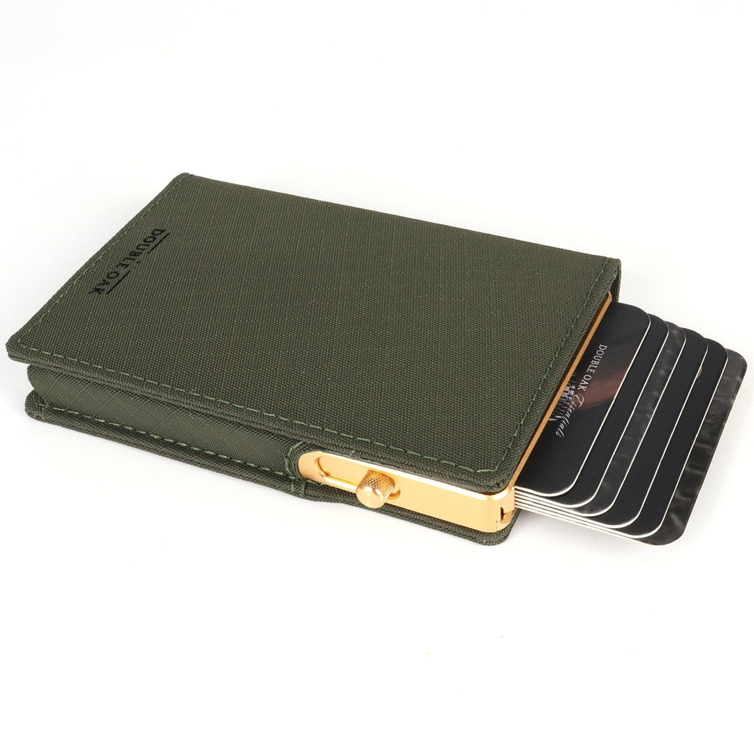 Esenciales de roble doble | Cartera minimalista de cuero | Edición heredada | Cartera delgada con bloqueo RFID | Marrón con oro