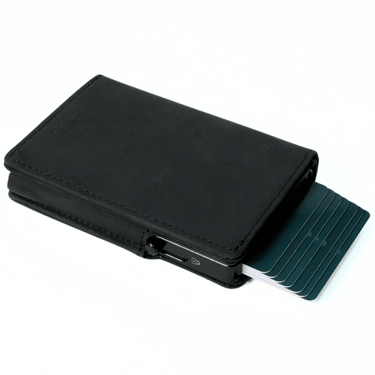 Esenciales de roble doble | Cartera minimalista de cuero | Edición de medianoche | Cartera delgada con bloqueo RFID | Negro 