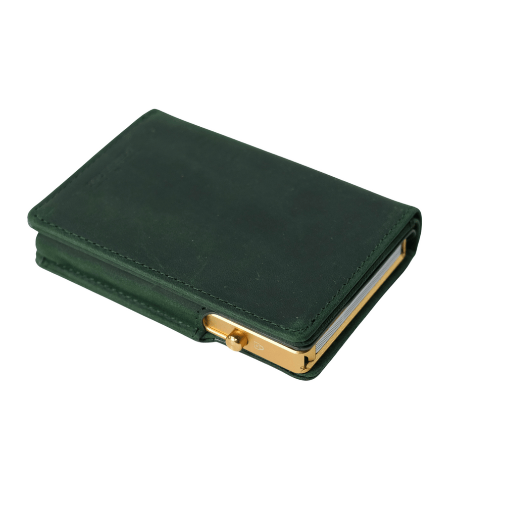 Esenciales de roble doble | Cartera minimalista de cuero | Edición del fundador | Cartera delgada con bloqueo RFID | Verde con oro